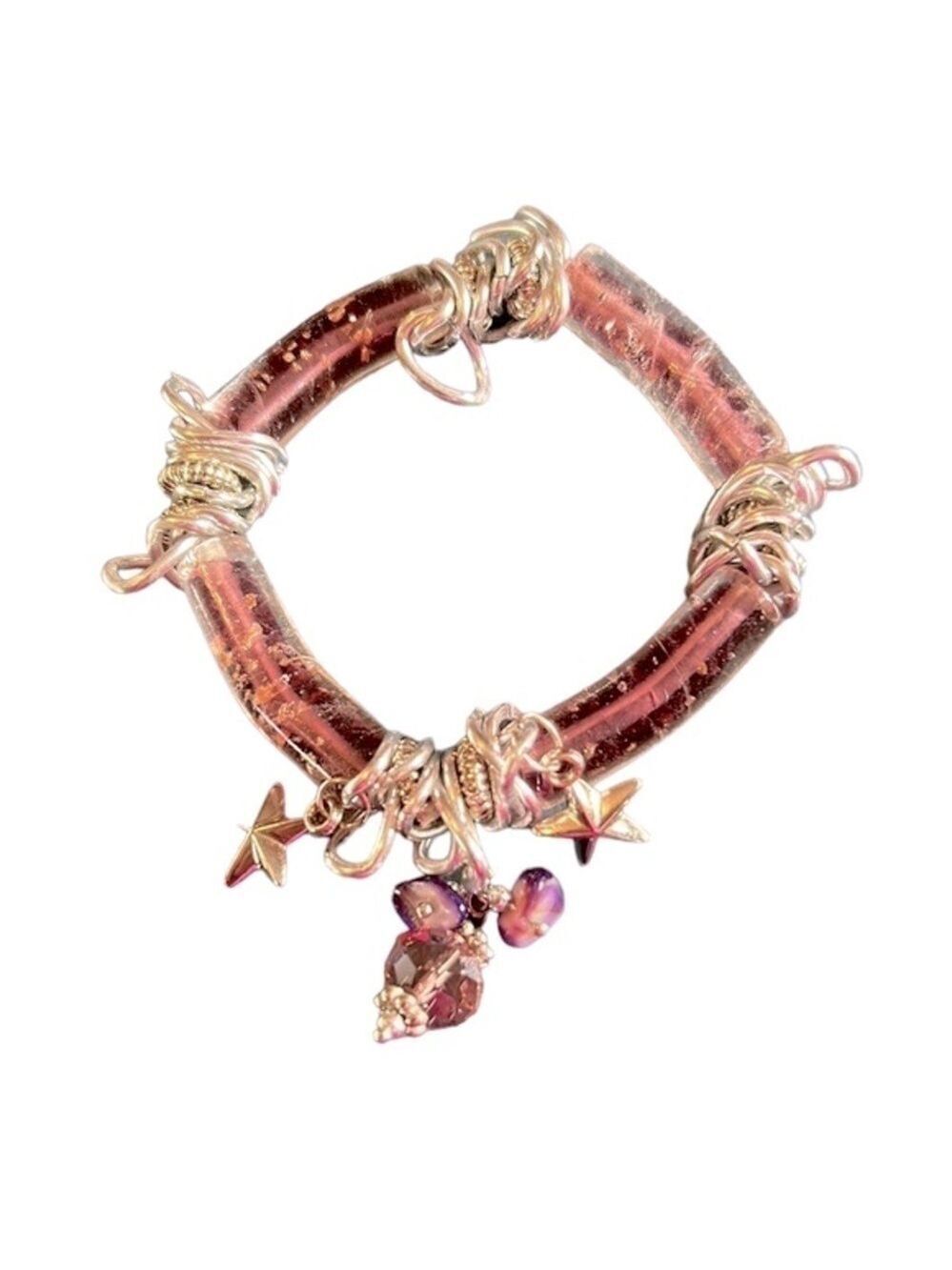 Purple Glass Bead Tube and Silver Stretch Bracelet